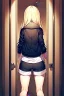 Placeholder: blonde girl with short jacket and shorts runs in a corridor in front at a mistery door, back view, line arts, manga style