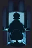 Placeholder: an cartoon style of computer geek sitting in front of a power computer screen in a tidy and modern dark room. don't show face, view from back, high quality, super realistic, man