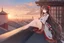 Placeholder: woman with long brown hair, red eyes, pale skin, highly detailed, intricate background, sitting on rooftop during sunset, contemplative, anime style, Genshin Impact inspired, dynamic composition