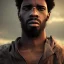 Placeholder: portrait, badass black man, long curly black hair, scar, post-apocalyptic, realistic, intriacte detail, sci-fi fantasy style, volumetric lighting, particales,highly detailed,cinamatic, deep colours,8k