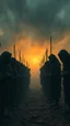 Placeholder: Bosch painting style nightmare , 3D ,a group of prisoners slave in black tied together in line in a dramatic misty scene of the sunset time in a stormy weather in the desert background, high Quality picture , 8k