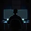 Placeholder: a cartoon-style of a computer geek sitting in front of a power computer screen in a tidy and modern dark room. don't show face, view from back, high quality, super realistic, man