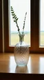 Placeholder: a long shot of an empty vase next to a window in wes anderson cinematography style directly front view