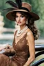 Placeholder: full body beautiful girl, elegant brown lace clothes of the 80s, luxury style, small elegant hat with feather, hair of the 80s, pearl necklace, earrings masterful, beautiful face