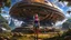 Placeholder: A skinny 50-year-old woman standing, hands on hips, in brown shorts, a shirt, and boots, standing next to a large, sleek cargo spaceship, sitting in a clearing, in a derelict alien city with trees and fungi in clumps.