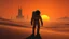 Placeholder: In the distant future, a lone astronaut stands on an alien desert, the sun setting in vibrant hues of orange and yellow and red. His helmet reflects the light as he gazes at towering structures on the horizon—remnants of a once-great civilization. With every step through the barren sands, the weight of his mission grows heavier. Is he a pioneer, The silence and black shadows around him , surreal, dark sci-fi, utopistic vibe