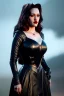 Placeholder: Kat Dennings as evil queen in black leather gown, cleavage, angry, stern look, unreal 5, octane render,cinema4d, dynamic lighting, dramatic lighting, 4k, redshift render, highly detailed, hyper realistic