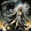 Placeholder: Dark fantasy poster art, beautiful white-haired white sorceress battling terrifying eldritch horrors, Epic Dark Shines War, by Dave McKean, by Luis Royo, surreal horror fantasy, dramatic, expansive, kinetic, color ink illustration, rich dark colors, gothic dark fantasy, octane rendering, intricate details