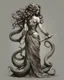 Placeholder: full-length, detailed persona, sword in hand, gorgon medusa, from the back, half-turn, full-length, leans on one leg, snakes on the head instead of hair