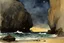 Placeholder: Night, rocks, cliffs, sci-fi, distant mountains, sea, waves, sand, seashore, epic, fantasy, winslow homer watercolor paintings