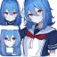 Placeholder: Clear focus, High resolution, rough line sketch art, cute, cartoon, medium blue hair, hair between eyes, fluffy hair, red eyes, wearing a sailor uniform, barely revealing