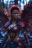 Placeholder: Fairy, crimson fairy wings , twisted rope red hairstyle, armor made of blood, huge girl, muscular female, hyperdetailed,looking at camera, full body, wide shot, detailed skin, film photography, vintage, perfect body, cinematic lighting, realistic, sharp focus, very detailed, 4K HQ, depth of field, f/1.2, Leica, 8K HDR, High contrast, shadows,