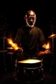 Placeholder: 4K realistic, Gandhi playing drums in a metal band, black background, bright flames all around