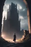 Placeholder: A youthful magician approaches a lonely ruined tower, dressed in formal wear, cinematic lighting, ray tracing, ominous vibes