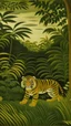 Placeholder: A tiger in an olive green colored jungle painted by Henri Rousseau