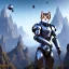 Placeholder: a cat-like robot with blue eyes and cyber elements wearing a medieval armor, mountains in background, high detail, photo, 8k, ray-tracing