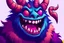 Placeholder: closeup of a smiling monster's face, big teeth, fur, bumps and horns, my pet monster inspiration, urban character design