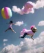 Placeholder: Ultra realistic speed clouds sky scene, wide angle view, sweet childs falling down, inflatable color clothing, free jumping flying, many trinkets, monster head, hair monster, many jelly beans, balls, smile, happy, circus style, extreme, wind, clouds sea, 20,000 feet altitude, stratosphere, soft color, highly detailed, unreal engine 5, ray tracing, RTX, lumen lighting, ultra detail, volumetric lighting, 3d, finely drawn, high definition, high resolution.