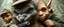 Placeholder: airbrush and pen outline, french art , extreme close up on cheeky fluffy weasel hairy goblin military prison guard troupe news anchor elf family scumbag , pinhole cam, airbrush 3d rendering, in the style of Titian and Rembrandt