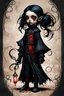 Placeholder: create a highly ethereal, darkly magical full body portrait illustration of a lonely orphan goth vampire girl , with highly detailed and deeply cut facial features, in the the style of JEAN-BAPTISTE MONGE, searing lines and forceful strokes, precisely drawn, boldly inked, with vibrant colors