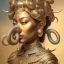 Placeholder: Sango fantasy, fantasy magic, intricate, sharp focus, illustration, highly detailed, digital painting, concept art, matte, art germ and Paul Lewin and Kehinde Wiley, masterpiece silver elephant head bronze Buddha Asian African girl nice breast Hawaiian hair turquoise golden waves