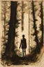Placeholder: A pale slender tall figure enters the forest, dark charcoal drawing by William Kentridge