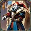 Placeholder: fantasy 90's tcg art jester with white mask happy heroic