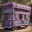 Placeholder: Old fashioned purple, blue and pink gypsy wagon decorated, curtains fluttering in the wind