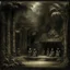 Placeholder: A dark warm gray thespian show in a jungle designed in Japanese Oni masks painted by Albert Pinkham Ryder