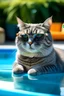 Placeholder: chobby britsh short hair cat,wearing sunglasses and relaxing at pool