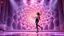 Placeholder: modern stage with a beautiful lady in modern clothing dancing, 3D recursive fractal structure animating background