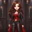 Placeholder: a chibi woman with long brown hair, red eyes, mafia princess, leather and denim outfit, torture, intricately detailed,