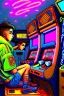 Placeholder: a millineal teenage boy is playing video arcade games, bright colored clothes from the 90s, hairstyles of that time