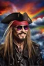 Placeholder: head and shoulders image, Captain Jack Sparrow - Kiss Me Deadly - Reptilian-skinned - Ray-Ban sunglasses - Motley Crue - gothic pale-skinned vampire, fire and multicolored electrified cosmic clouds, Professional quality Photograph by Hoy Tung lu- Multicolored lightning -a smiling, long, blonde hair, blue eyes, goth makeup, black leather biker's jacket, black leather pants, combat boots, black fingerless gloves, sitting on in the forest next to a fire,