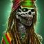 Placeholder: Corps entier Zombie rastafary iron maiden feuille cannabis, yeux rouges, bandeau couleur rasta,4k, couleur chaudes