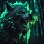 Placeholder: bloodthirsty angry savage werewolf howling at the moon, muscular body covered with neon-green glowing crystals, large claws, sharp teeth, night forest with gloomy dark teal colors, fire sparkle particles, dark tone, sharp focus, high contrast, 8k resolution, shallow depth of field, dramatic lighting, beautifully intricate details, clean environment