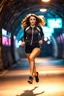 Placeholder: a modern city jewell lights , a beautiful fashion model lady with cute,curvy hair,makeup, in pretty sports suit is running in street ,dynamic camera fallow her inside cave capturing full body, dynamic lights.