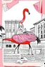 Placeholder: the woman rides on the back of a flamingo in the city center with a huge shopping bag, collage, stamp, old newsprint, pen, dry flower, ink, bizarre