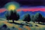 Placeholder: Trees, night, mountains, one person, 2000's sci-fi movies influence, ludwig dettman and willem maris impressionism painting