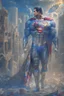 Placeholder: Superman. In a new, sophisticated suit decorated with a Mandala pattern. Strong, fit body. Muscles. A cinematic scene. A destroyed city scene