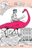 Placeholder: the woman rides on the back of a flamingo in the city center with a huge shopping bag, collage, stamp, old newsprint, pen, dry flower, ink, bizarre