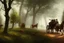 Placeholder: Peder Monk Monsted style, horse drawn carriage, forest dirt road,