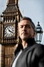 Placeholder: an man standing in front of big ben looking at camera,closeup