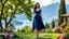 Placeholder: image of a very beautiful lady with beautiful velvet midi dark blue, lace skirt and pretty same material top with curvy hair high heels standing in a nice villa yard with trees flowers ,in country side in floor of beautiful mountains ,sea with ships ,water falls,16 by 9