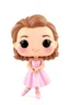 Placeholder: Funko figure of a very young female, smiling, medium very wavy light brown hair, wearing a ballerina dress, pink dress, ballet, very cute, ballet pose,. typography, 3D render. White background