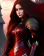 Placeholder: full body picture of a young woman with long brown hair, fantasy, dark, wearing black and red leather fantasy armor, evil, red eyes, smirk, confident, arrogant, anime, high resolution, hi res, detailed, intricate, fighting, warrior, detailed background, 8k resolution