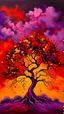 Placeholder: Painterly. Abstract. A yellow purple in red silk raiments. Anomalous red cloud issuing forth from the heart. Simple yet majestic, a tree in black