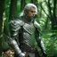 Placeholder: Please create an image for a young elven male with light brown skin, silver hair, and green eyes. He is standing outside in the forest during springtime, wearing leather armor. He is accompanied by a walking suit of armor