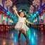 Placeholder: a 2 years old girl in modern clothing and makeup dancing with cute and joy with pertty boots in a modern royal hall