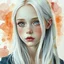 Placeholder: A young woman with long white hair, silver eyes, long eyelashes, very pale complexion, very shy, watercolor splotchy background